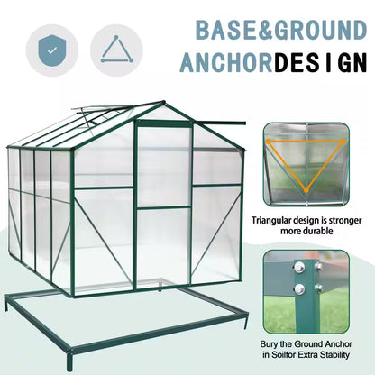 6 Ft X 8 Ft Green Aluminum Heavy Duty Walk-In Plant Garden Polycarbonate Greenhouse for Backyard, Outdoor