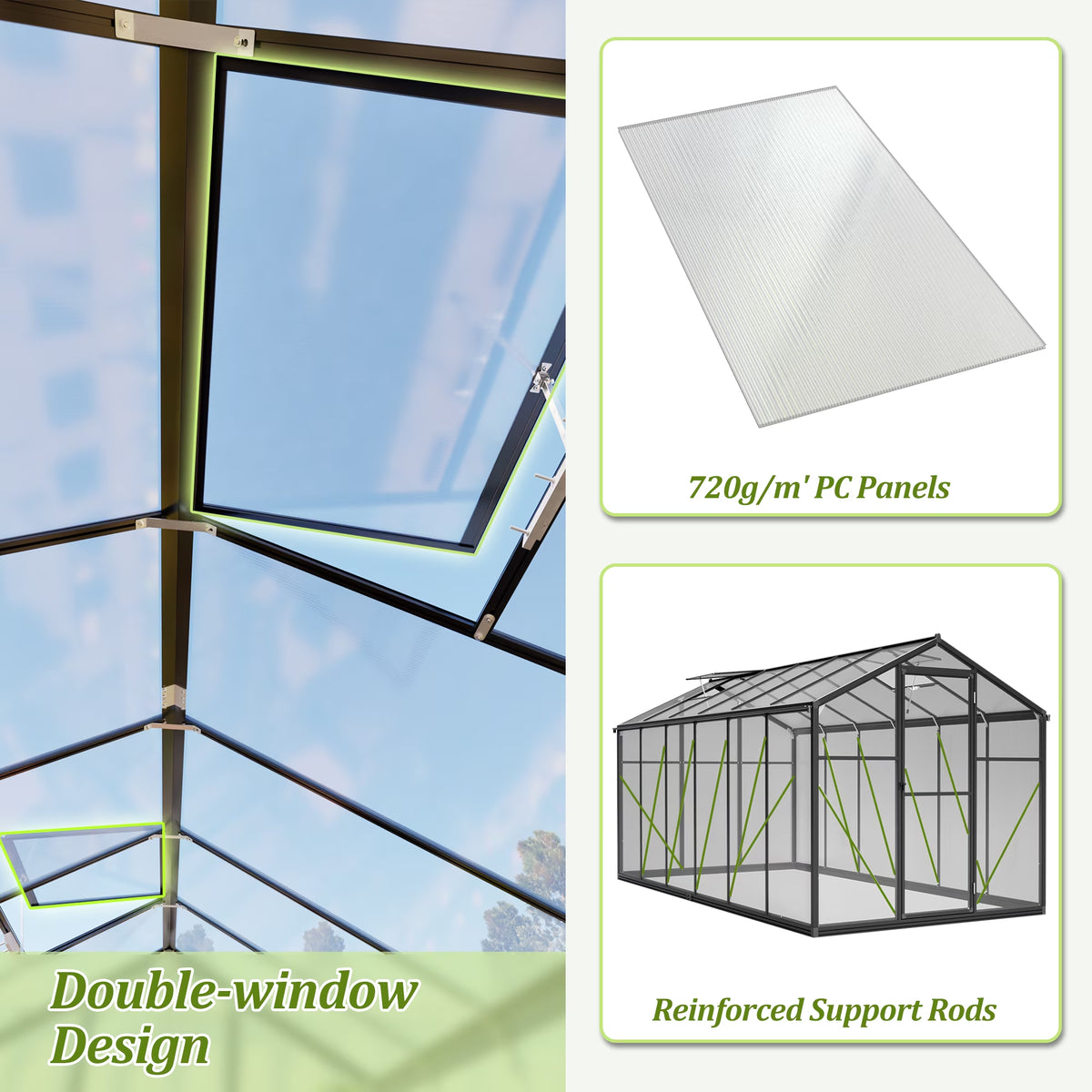 12'X6' Outdoor Greenhouse, Walk-In Polycarbonate Green House with Aluminum Frame for Backyard, Black