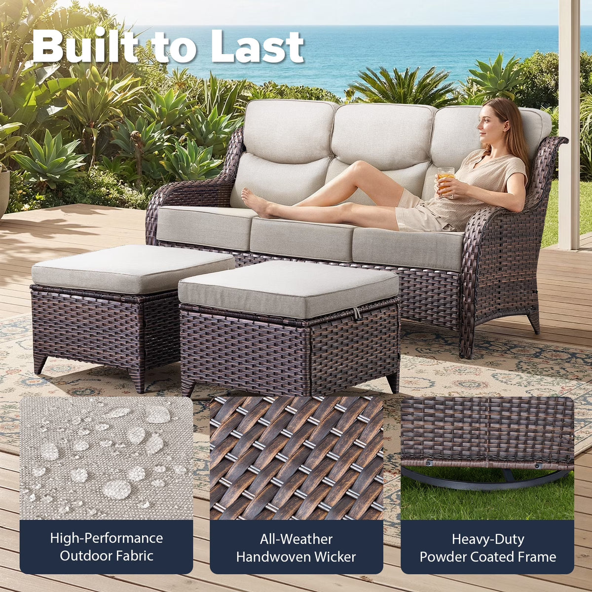 Luxury 6 Pieces Outdoor Patio Furniture Set with Swivel Rocker Chairs 6-Inch Extra Thick Cushions,Sofa Coffee Table,Wicker Conversation Sets for Porch Deck Backyard Poolside