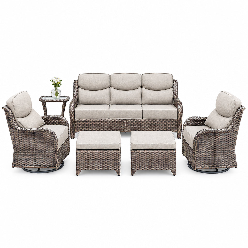 Luxury 6 Pieces Outdoor Patio Furniture Set with Swivel Rocker Chairs 6-Inch Extra Thick Cushions,Sofa Coffee Table,Wicker Conversation Sets for Porch Deck Backyard Poolside