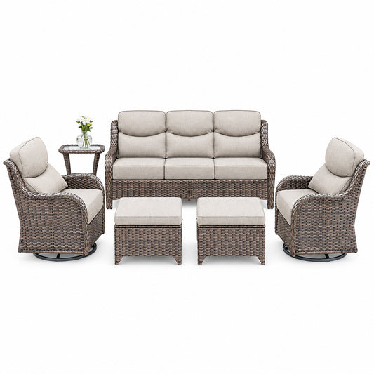 Luxury 6 Pieces Outdoor Patio Furniture Set with Swivel Rocker Chairs 6-Inch Extra Thick Cushions,Sofa Coffee Table,Wicker Conversation Sets for Porch Deck Backyard Poolside