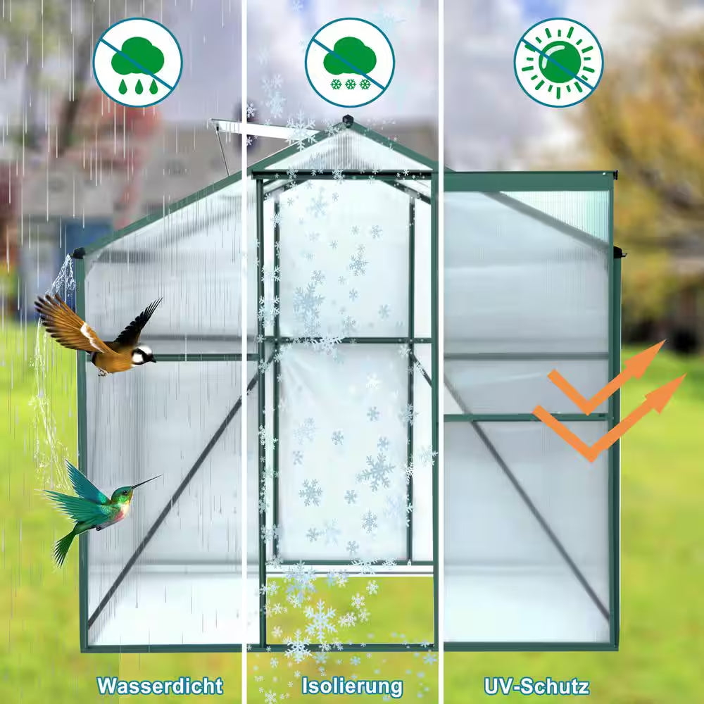 6 Ft X 8 Ft Green Aluminum Heavy Duty Walk-In Plant Garden Polycarbonate Greenhouse for Backyard, Outdoor