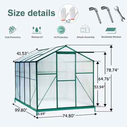 6 Ft X 8 Ft Green Aluminum Heavy Duty Walk-In Plant Garden Polycarbonate Greenhouse for Backyard, Outdoor