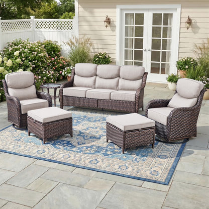 Luxury 6 Pieces Outdoor Patio Furniture Set with Swivel Rocker Chairs 6-Inch Extra Thick Cushions,Sofa Coffee Table,Wicker Conversation Sets for Porch Deck Backyard Poolside