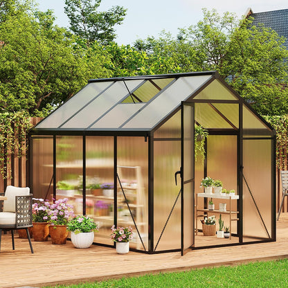 6X8 FT Greenhouse for Outdoors, Polycarbonate Greenhouse with Roof Vent, Ground Nails, Lockable Push Door, Aluminum Large Walk-In Green House for outside Garden Backyard, Patio, Lawn, Black