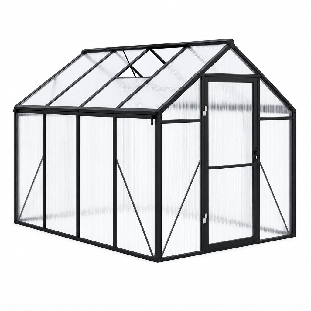 6X8 FT Greenhouse for Outdoors, Polycarbonate Greenhouse with Roof Vent, Ground Nails, Lockable Push Door, Aluminum Large Walk-In Green House for outside Garden Backyard, Patio, Lawn, Black