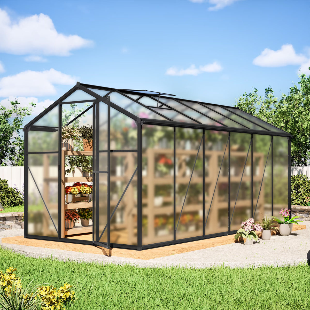 12'X6' Outdoor Greenhouse, Walk-In Polycarbonate Green House with Aluminum Frame for Backyard, Black