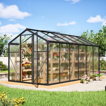 12'X6' Outdoor Greenhouse, Walk-In Polycarbonate Green House with Aluminum Frame for Backyard, Black