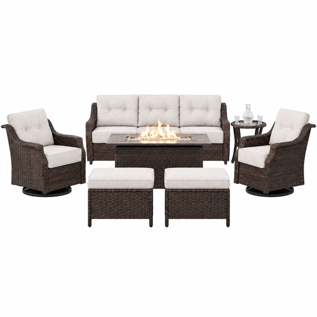 Luxurious 7 Piece Patio Furniture Set with Fire Pit Table, High Back Wicker Swivel Rocker Glider Outdoor Chairs with 6" Cushion, All-Weather Patio Conversation Set for Yard Garden - Brown/Beige