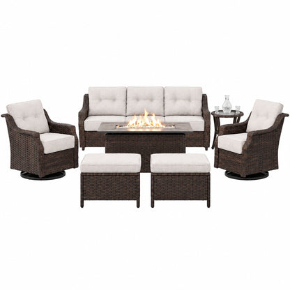 Luxurious 7 Piece Patio Furniture Set with Fire Pit Table, High Back Wicker Swivel Rocker Glider Outdoor Chairs with 6" Cushion, All-Weather Patio Conversation Set for Yard Garden - Brown/Beige