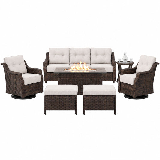 Luxurious 7 Piece Patio Furniture Set with Fire Pit Table, High Back Wicker Swivel Rocker Glider Outdoor Chairs with 6" Cushion, All-Weather Patio Conversation Set for Yard Garden - Brown/Beige