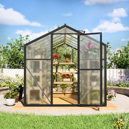 12'X6' Outdoor Greenhouse, Walk-In Polycarbonate Green House with Aluminum Frame for Backyard, Black
